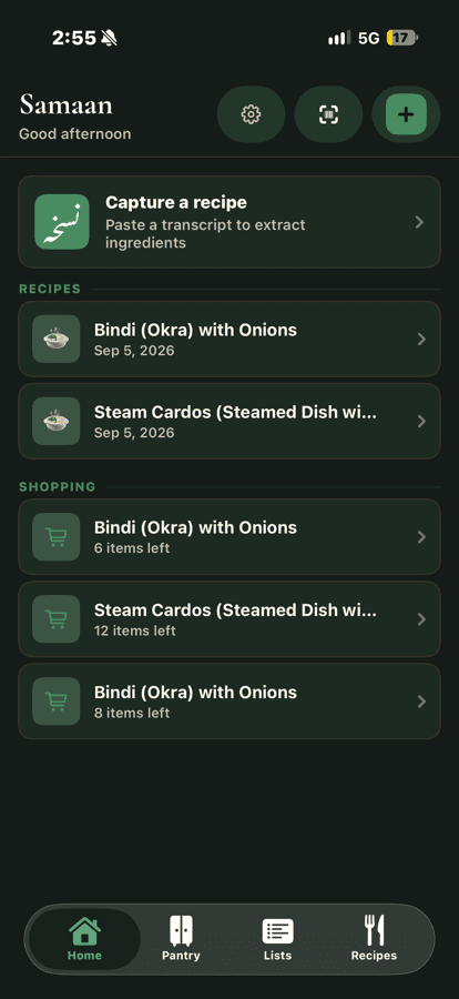 Pantry home screen with recipe capture
