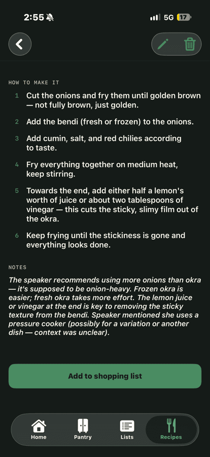 Pantry recipe screen