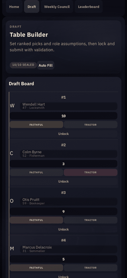 Round Table Draft, draft board